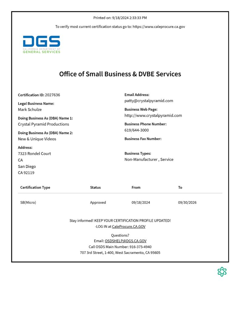 proof of small business certification in california